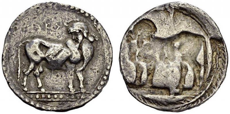 GREECE. Lucania. 
 Laos. Stater. Obv. ΛΑΟΣ. Man-headed bull looking back, on or...