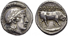 GREECE. Lucania. 
 Thurium. Stater 425-400. Obv. Head of Athena right wearing crested helmet ornamented with laurel. Rev. ΘΟΥΡΙΩΝ. Bull walking right...