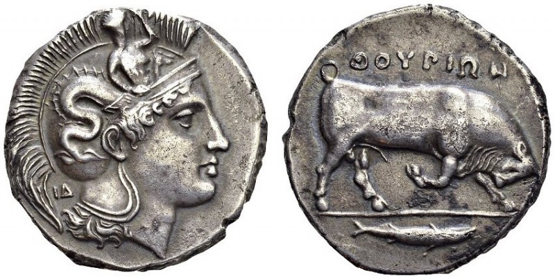 GREECE. Lucania. 
 Thurium. Double stater 400-350. Obv. IΔ. Head of Athena righ...