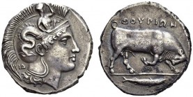 GREECE. Lucania. 
 Thurium. Double stater 400-350. Obv. IΔ. Head of Athena right wearing crested helmet ornamented with Skylla. Rev. ΘΟΥΡΙΩΝ. Bull bu...