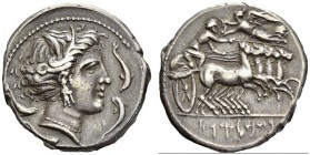 GREECE. Sicily. 
 Kephaloidion. Tetradrachm 409-396. Obv. Head of Tanit wreathed with corn, four dolphins around. Rev. Quadriga galloping right, char...