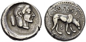 GREECE. Sicily. 
 Segesta. Didrachm 480-461. Obv. Archaic style head of nymph Segesta right. Rev. ΣΕΓΣΤΑ retro­grade. Hound standing right, his nose ...