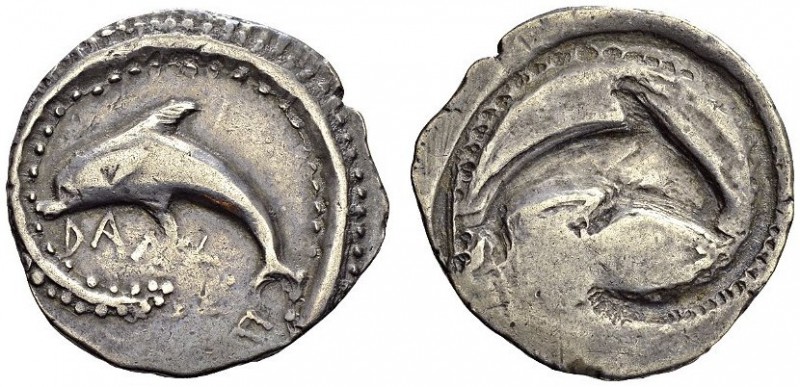 GREECE. Sicily. 
 Zankle. Drachm 520-493. Obv. DANKLE. Dolphin leaping left wit...