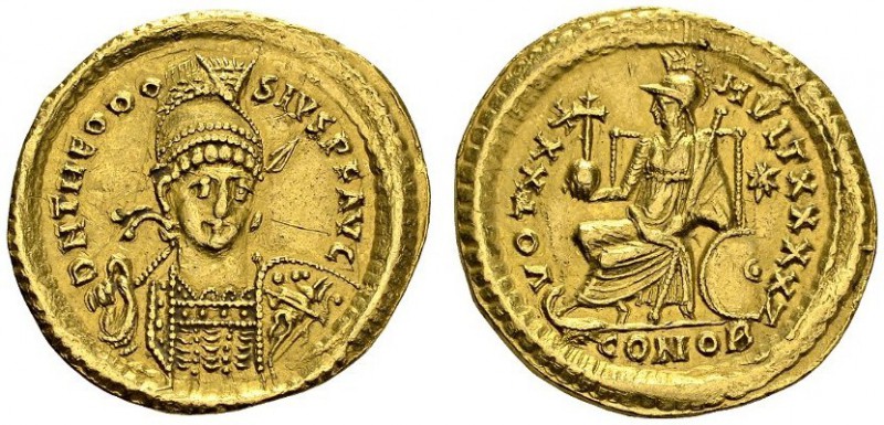 BYZANTINE EMPIRE. 
 Theodosius II, 402-450. Solidus, Thessalonica. RIC X 257. A...