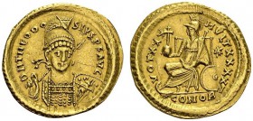 BYZANTINE EMPIRE. 
 Theodosius II, 402-450. Solidus, Thessalonica. RIC X 257. AU. 4.41 g.
 XF-AU