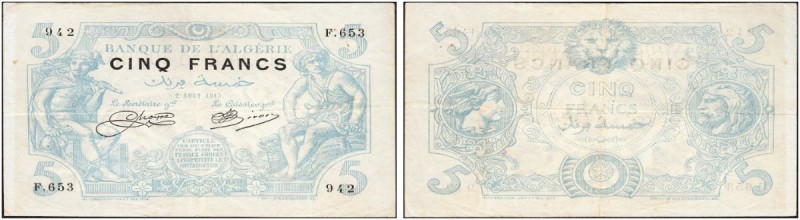 ALGERIE. 
 Banque de l'Algérie. 5 Francs 02 août 1915. Pick 71a.
 VF