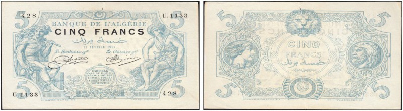 ALGERIE. 
 Banque de l'Algérie. 5 Francs 27 février 1917. Pick 71b.
 VF