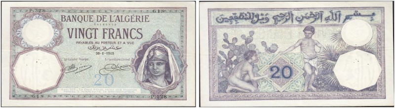 ALGERIE. 
 Banque de l'Algérie. 20 Francs 30-1-1915. Pick 78a.
 XF pinholes
