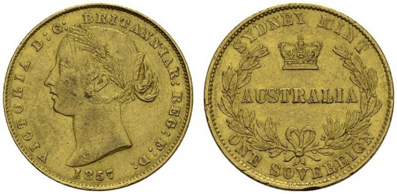 AUSTRALIA. 
 Victoria, 1837-1901. Sovereign 1857, Sydney. KM 4; Fr. 10. AU. 7.9...