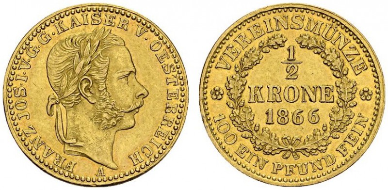 AUSTRIA. 
 Franz Joseph I, 1848-1916. ½ Krone 1866 A, Vienna. KM 2252; Fr. 499....