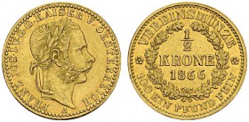 AUSTRIA. 
 Franz Joseph I, 1848-1916. ½ Krone 1866 A, Vienna. KM 2252; Fr. 499. AU. 5.55 g. RR
 Nice AU