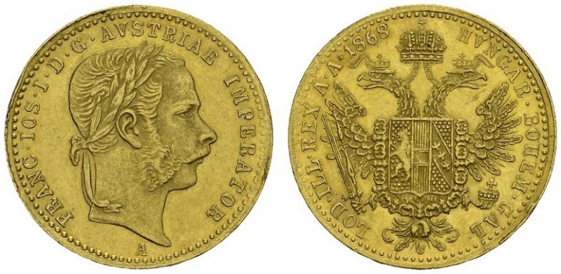 AUSTRIA. 
 Franz Joseph I, 1848-1916. Ducat 1868 A, Vienna. KM 2266; Fr. 492. A...