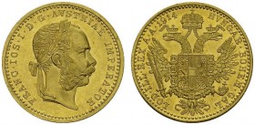 AUSTRIA. 
 Franz Joseph I, 1848-1916. Ducat 1914. KM 2267; Fr. 493. AU. 3.49 g.
 Nice UNC