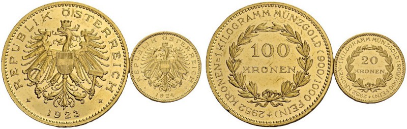 AUSTRIA. 
 Ist Republic, 1918-1938. Lot of 2 coins: 20 Kronen 1924 & 100 Kronen...