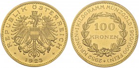 AUSTRIA. 
 Ist Republic, 1918-1938. 100 Kronen 1923. KM 2831; Fr. 518. AU. 33.88 g.
 PCGS PR 62 DCAM