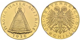 AUSTRIA. 
 Ist Republic, 1918-1938. 100 Schilling 1936. Madonna of Mariazell. KM 2857; Fr. 437. AU. 23.53 g.
 NGC PL 64