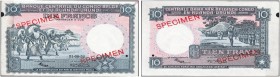 BELGIAN CONGO. 
 Banque Centrale du Congo Belge et du Ruanda-Urundi. 10 Francs 31.08.52. Specimen. With­ out serial number. Red overprint ''SPECIMEN'...