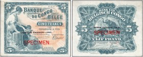 BELGIAN CONGO. 
 Banque du Congo Belge. 5 Francs 10.01.43. Specimen. Without serial number. Red overprint ''SPECIMEN'' on face and back. Pick 13Aa un...