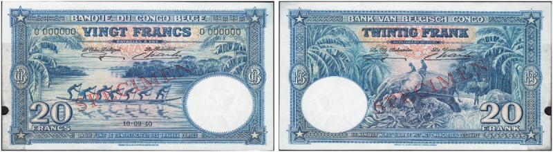 BELGIAN CONGO. 
 Banque du Congo Belge. 20 Francs 10.09.40. Specimen. Serial nu...