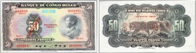 BELGIAN CONGO. 
 Banque du Congo Belge. 50 Francs 1947. Specimen. Series F, serial number 000000 . Red overprint ''SPECIMEN'' on face and back. Six c...
