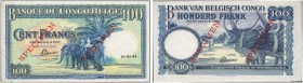 BELGIAN CONGO. 
 Banque du Congo Belge. 100 Francs 10.05.44. Specimen. Without serial number. Red overprint ''SPECIMEN'' twice on face and back. Pick...