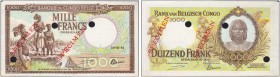 BELGIAN CONGO. 
 Banque du Congo Belge. 1000 Francs 10.05.44. Specimen. No serial number. Red overprint ''SPECIMEN'' twice on face and back. Punch ho...