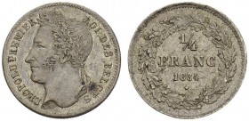 BELGIQUE. 
 Léopold I, 1831-1865. 1/4 Franc 1834. Avec signature. KM 8. AR. 1.23 g.
 Nice AU