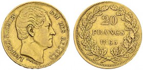 BELGIQUE. 
 Léopold I, 1831-1865. 20 Francs 1865. Fautée : Coins non alignées, seul le revers est décentré. KM 23; Fr. 411. AU. 6.41 g. RR
 XF scrat...