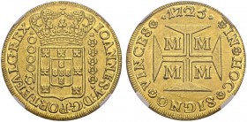 BRASIL. 
 João V, 1706-1750. 20000 Reis 1725 M. Obv. IOANNES V D G PORT ET ALG REX. Crowned arms. Rev. IN HOC SIGNO VINCES. Cross with M in each quad...