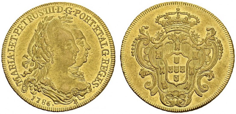 BRASIL. 
 Maria and Pedro III, 1777-1786. 6400 Reis 1786 R, Rio de Janeiro. KM ...