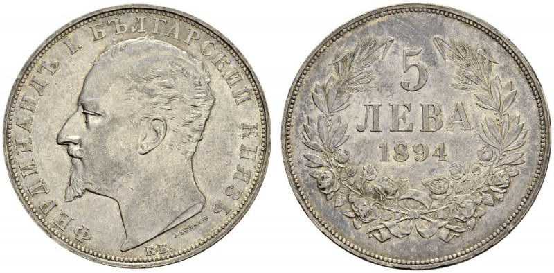 BULGARIA. 
 Ferdinand I, 1887-1908. 5 Leva 1894 KB, Kremnitz. KM 18. AU. 24.99 ...