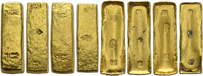 CHINA. Empire. 
 Qing Dynasty, 1644-1912. Lot of 4 rectangular gold Sycee 10 Ta...