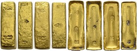 CHINA. Empire. 
 Qing Dynasty, 1644-1912. Lot of 4 rectangular gold Sycee 10 Taels (1750). Typical shape with slightly raised ends and ripple pattern...