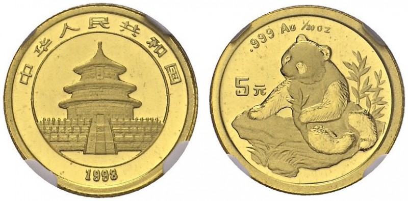 CHINA. 
 People's Republic, 1949-. 5 Yuan 1998, Small date. 1/20 oz Panda. KM 1...