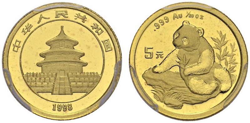 CHINA. 
 People's Republic, 1949-. 5 Yuan 1998, Small date. 1/20 oz Panda. KM 1...