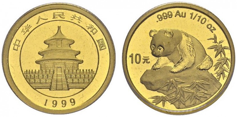CHINA. 
 People's Republic, 1949-. 10 Yuan 1999, Large date plain 1. 1/10 oz Pa...