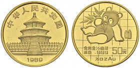 CHINA. 
 People's Republic, 1949-. 50 Yuan 1989, Small Date, Shenyang. Panda Series (½ oz). KM 226; Fr. B5. AU. 15.56 g. R
 Gem UNC
 In original se...