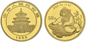 CHINA. 
 People's Republic, 1949-. 50 Yuan 1998, Large date. 1/2 oz Panda. KM 1129; Fr. B5. AU. 15.60 g. 4168 ex. RRR
 PCGS MS 69