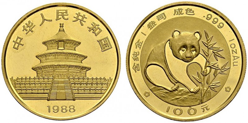 CHINA. 
 People's Republic, 1949-. 100 Yuan 1988. 1 oz Panda. KM 187; Fr. B4. A...