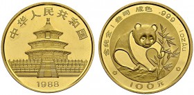 CHINA. 
 People's Republic, 1949-. 100 Yuan 1988. 1 oz Panda. KM 187; Fr. B4. AU. 31.06 g.
 Gem UNC
