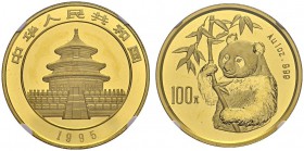 CHINA. 
 People's Republic, 1949-. 100 Yuan 1995, Small date. 1 oz Panda. KM 726; Fr. B4. AU. 31.10 g. 17'412 ex. R
 NGC MS 67