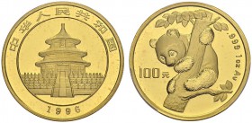 CHINA. 
 People's Republic, 1949-. 100 Yuan 1996, Small date. 1 oz Panda. KM 901; Fr. B4. AU. 31.10 g.
 PCGS MS 65