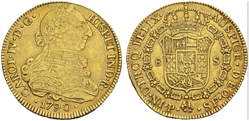 COLOMBIA. 
 Carlos IV, 1789-1808. 8 Escudos 1790 P SF, Popayan. KM 53.2; Fr. 44...