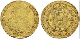 COLOMBIA. 
 Carlos IV, 1789-1808. 8 Escudos 1790 P SF, Popayan. KM 53.2; Fr. 44. AU. 27.02 g.
 AU