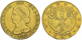 COLOMBIA. 
 Republic of New Granada, 1831-1858. 8 Escudos 1835 S. R. Bogota. KM 82.1; Fr. 67. AU. 27.03 g.
 XF