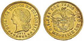 COLOMBIA. 
 United States of Colombia, 1863-1886. 2 Pesos 1871, Medellin. KM A154; Fr. 106. AU. 3.26 g.
 AU mount removed