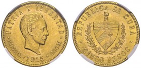 CUBA. 
 Republic, 1902-1959. 5 Pesos 1915, Philadelphia. KM 19; Fr. 4. AU. 8.36 g.
 NGC MS 62