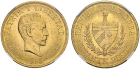 CUBA. 
 Republic, 1902-1959. 20 Pesos 1915, Philadelphia. KM 21; Fr. 1. AU. 33.43 g.
 NGC MS 62