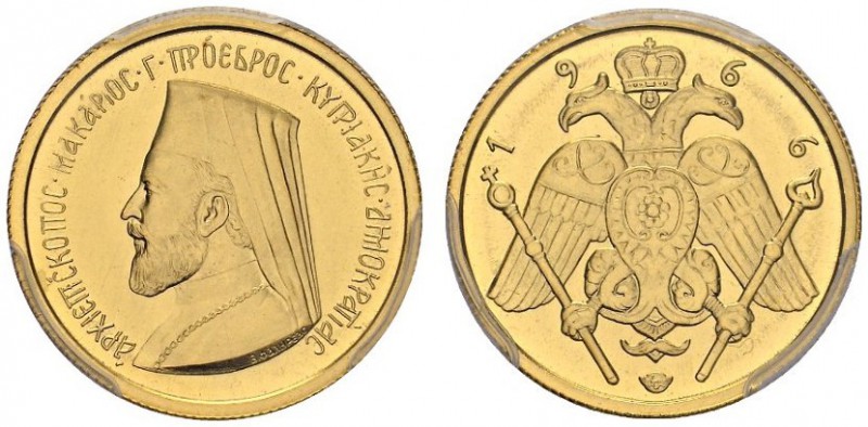 CYPRUS. 
 Republic, 1960-. 1/2 Sovereign 1966. KM X M3. AU. 3.99 g.
 PCGS MS 6...