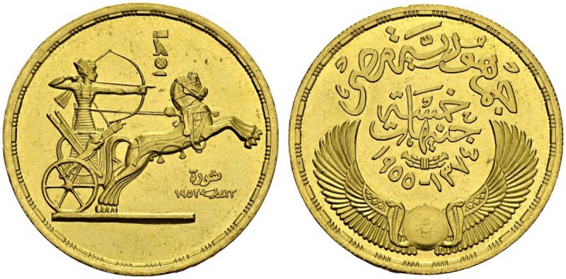 EGYPT. 
 Ist Republic, 1953-1958. 5 Pounds AH1374 /1955. Yellow gold. 3rd anniv...